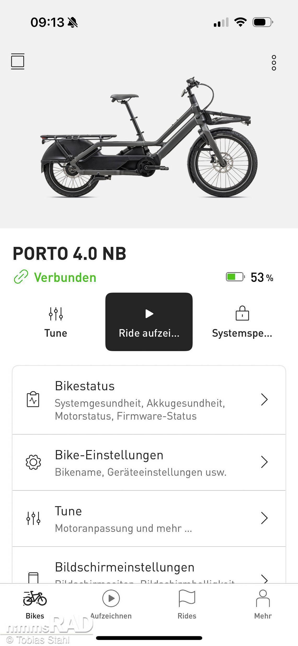 Die App zeigt übersichtlich die wesentlichen Fakten zum Rad, kann jedoch auch zum Aufzeichnen von Aktivitäten genutzt werden