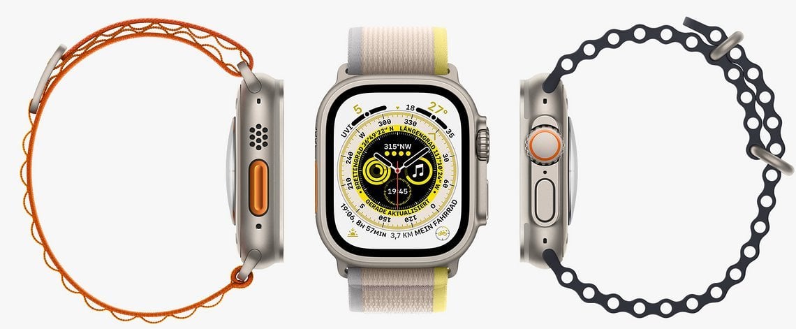 Die drei neuen Armbänder der Apple Watch Ultra: Alpine, Trail und Ocean-Loop. (v.l.n.r.)