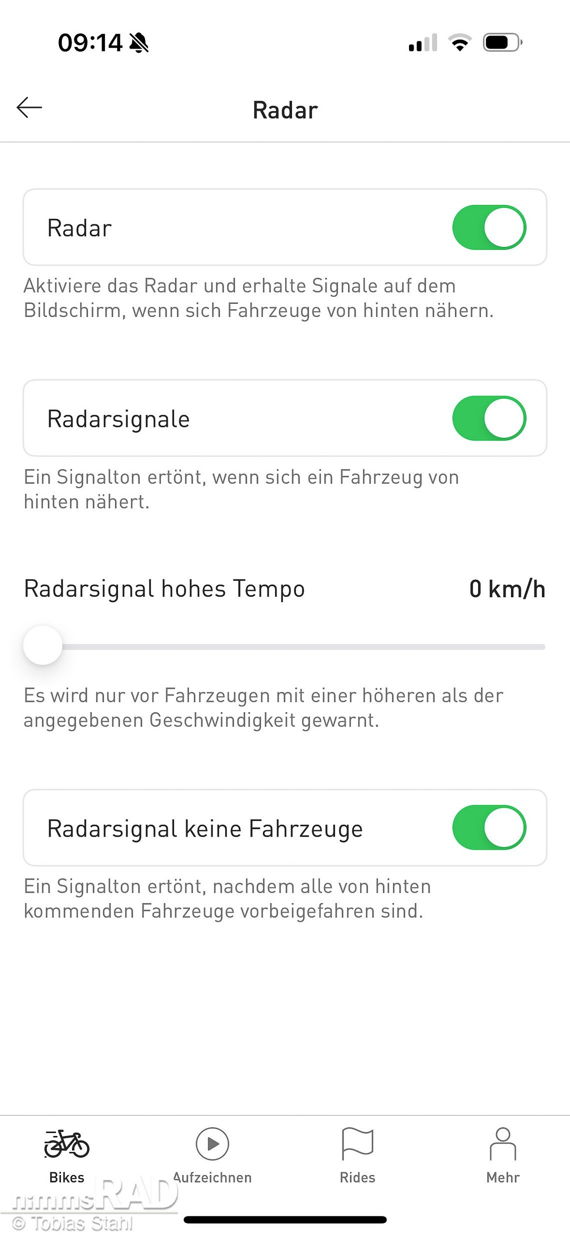 Das Radar wird ebenfalls über die App gesteuert und eingestellt