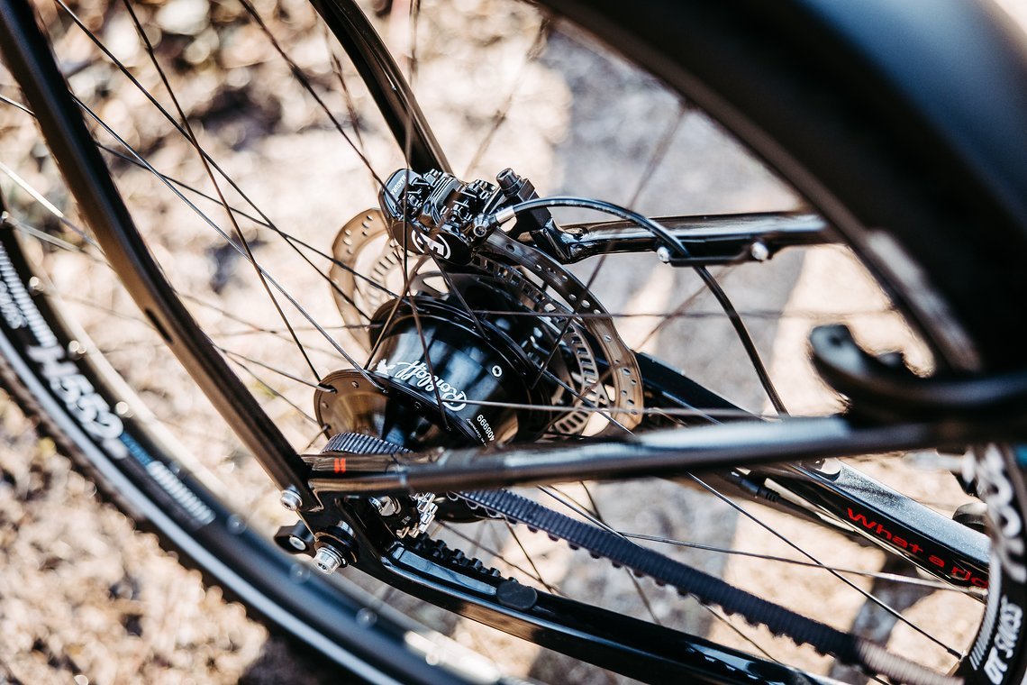 Beim Topmodell kommt die Rohloff E-14 Nabenschaltung mit 14 Gängen und Riemenantrieb zum Einsatz.