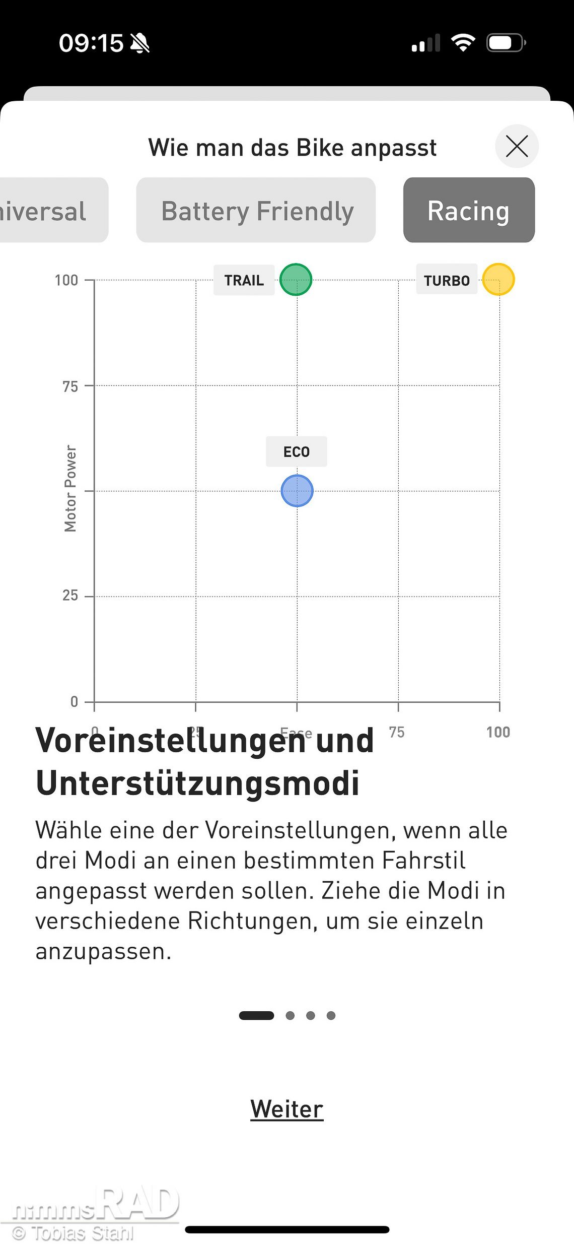 Die Feineinstellungen der Unterstützungsmodi zeigen es deutlich: Hier wird eine App verwendet, die eigentlich für Mountainbikes und Rennräder programmiert wurde