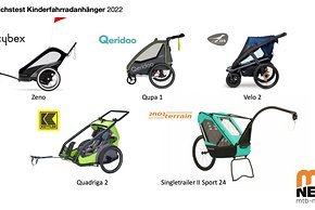 Unser Testfeld für den Fahrradanhänger-Vergleichstest 2022: fünf aktuelle Fahrradanhänger für 1 und 2 Kinder