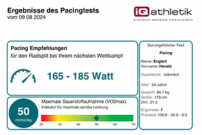 Nach dem Pacing-Test bekommt man eine Auswertung mit einer konkreten Empfehlung für das Pacing im Wettkampf