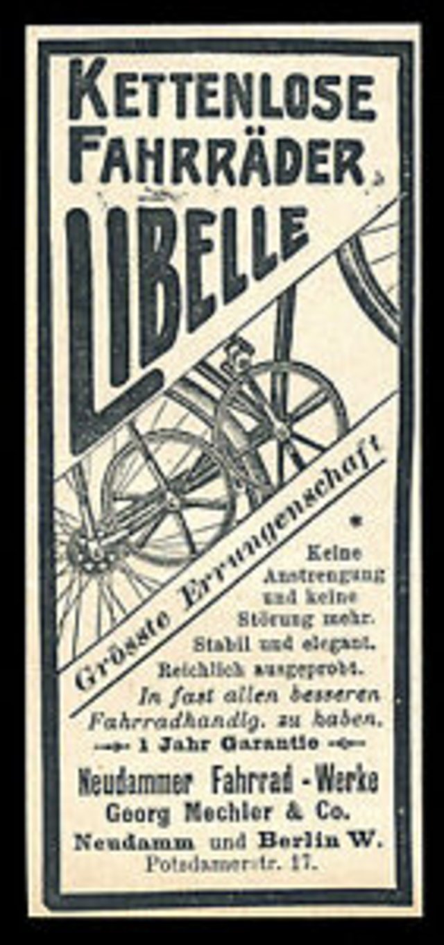 Alte Werbung Reklame 1898 Kettenlose Fahrräder Libelle Neudammer Fahrrad-Werke